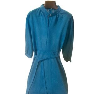 True Vintage 70s Teal Shimmery Dress Long Sleeve, Keyhole Neckline